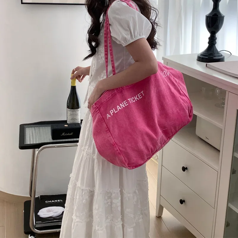 Versatile Single Shoulder Large Capacity Letter Printed Canvas Bag Casual and Simple Shopping Tote Bag