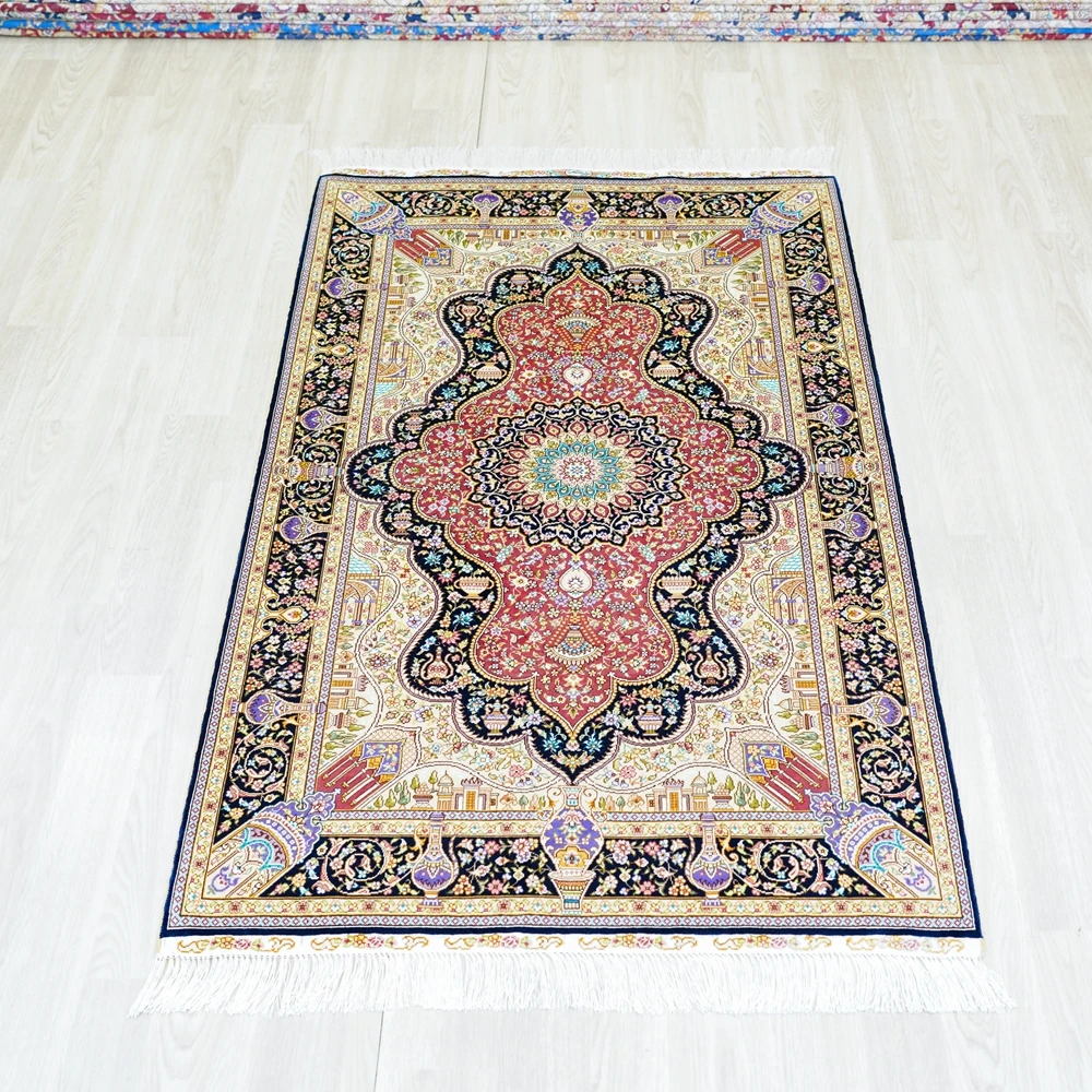91x152cm Handmade Persian Rugs Silk Oriental Area Carpets Small Elegant Qum Rug for Entrance Bedroom Bedside