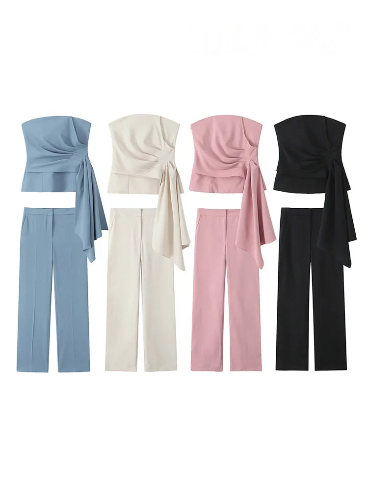 HH Women 2 Piece Set Solid Asymmetric Folds Side Zip Design Short Vest Top+Fashion Pockets High Waist Casual Wide Leg Pants