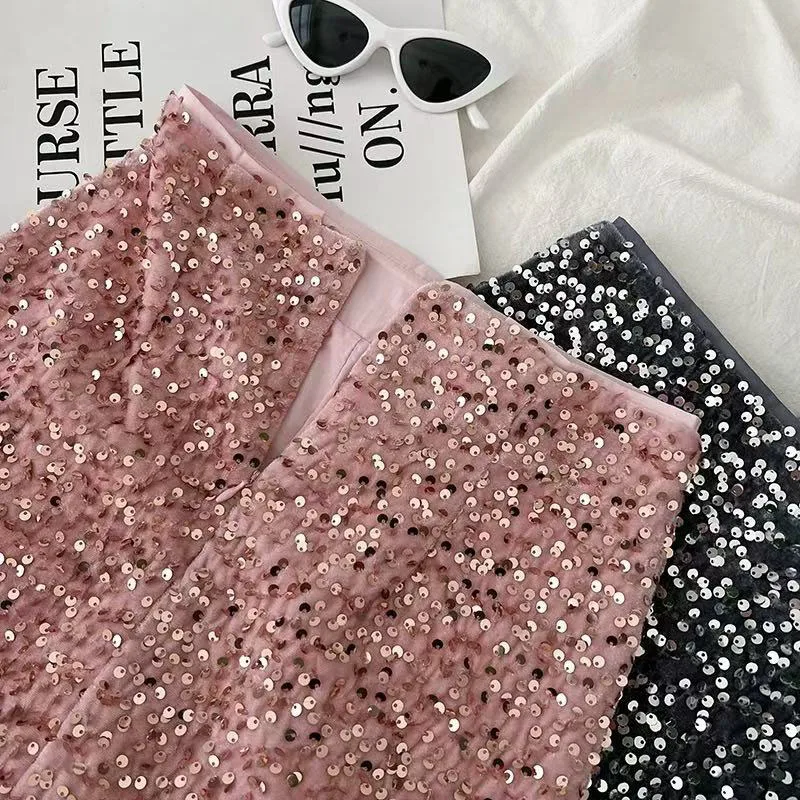 Fashion Sequin Decorate Women Mini Skirt Y2K High Waist Korean Office Lady Casual A Line Skirt Elegant Hepburn Style Party Skirt