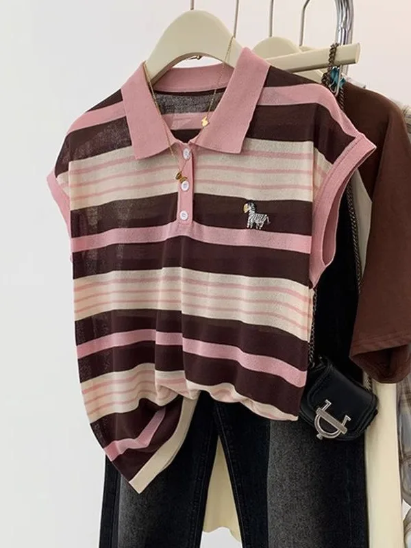 Summer Slimming Short Sleeve T-Shirt Women's Korean Style Embroidered Fly Sleeve Turn-down Collar Striped Doggies Top