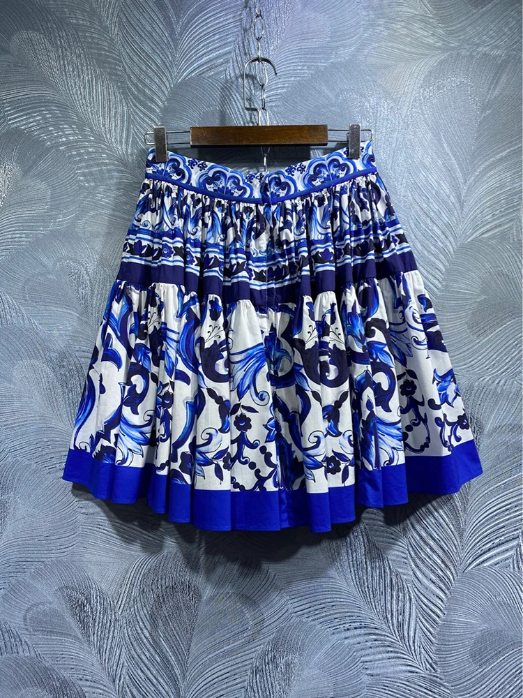 JUNLINNA High Street Women Skirt 100% Cotton Fashion Blue and White Porcelain Printing Party Vacation Empire Half Dress