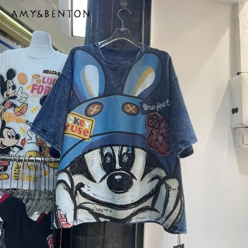 

Fashionable Heavy Industry Cartoon Pure Cotton Round Neck Short Sleeves T-shirt Loose Average Size Spring And Summer New Tshirts