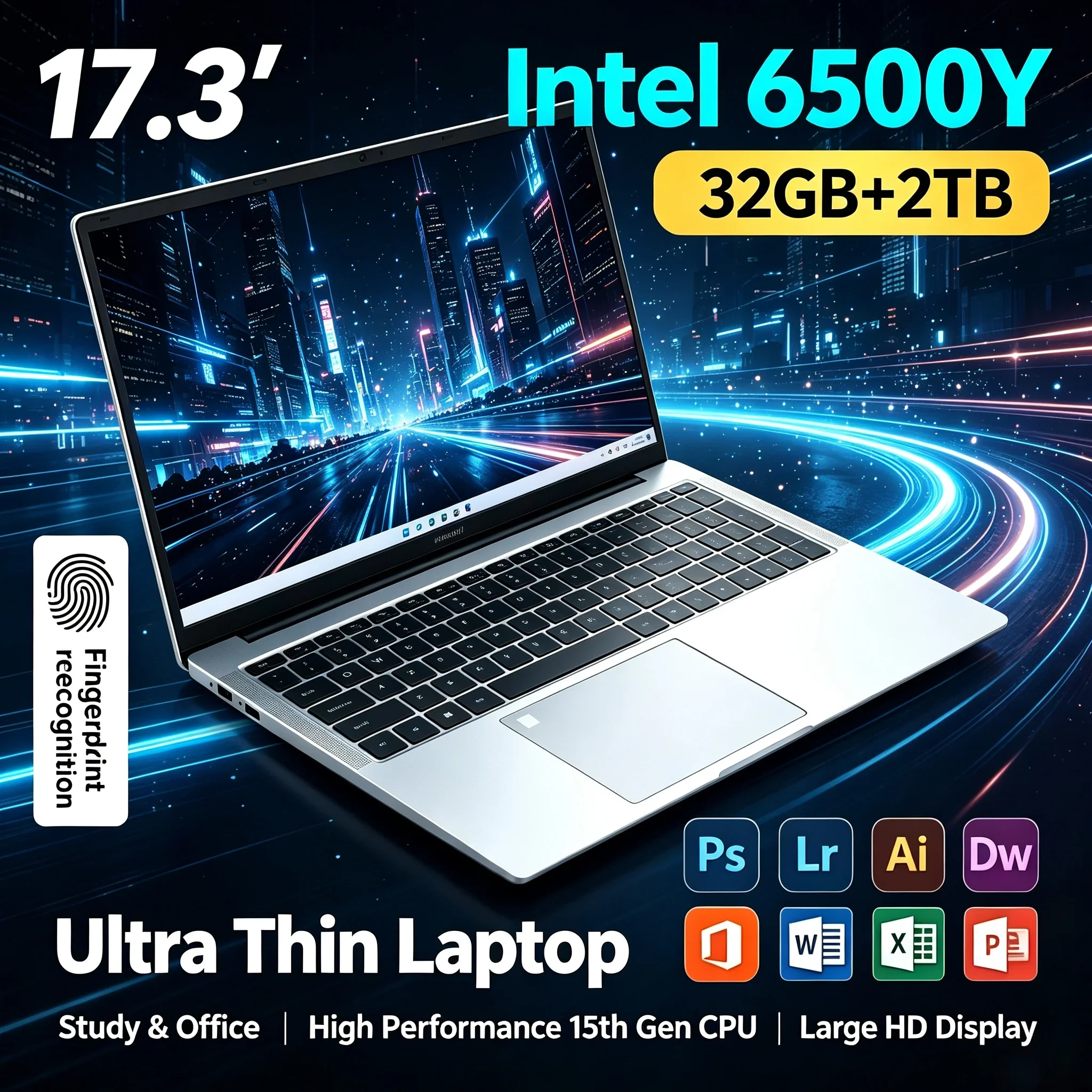 17.3'' Large HD Screen Portable Notebook Intel 6500Y 32GB RAM Optional 1TB/2TB SSD Win11 BT5.2 WiFi6 Laptop For Home Office Work