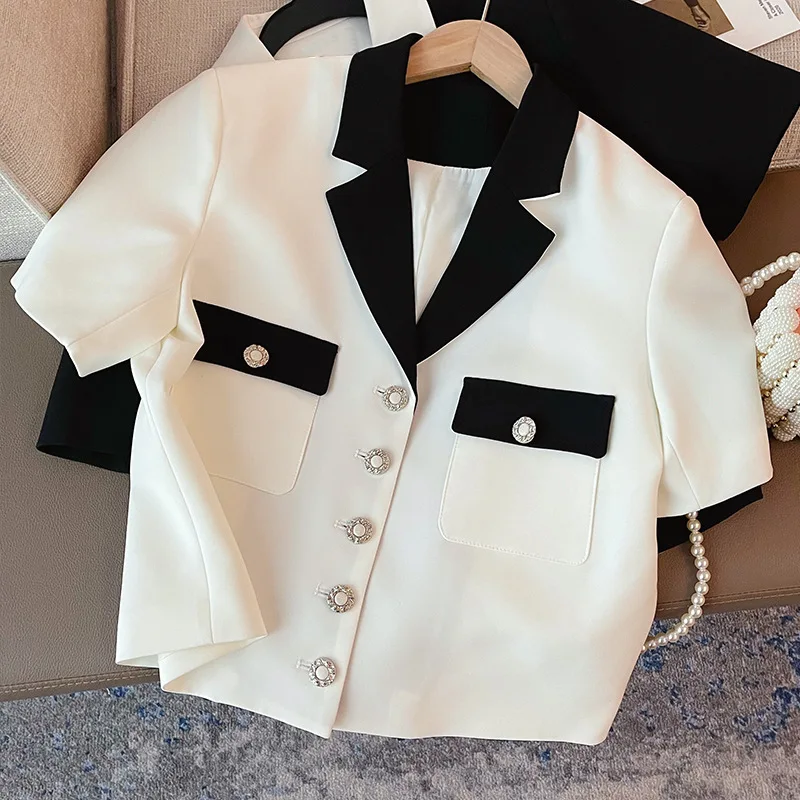 

High end jacket for women's summer short sleeved thin French socialite contrasting suit collar design niche