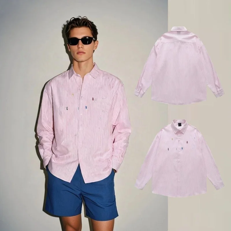 [B&C] Camisa a rayas rosa de moda para hombre, camisa holgada de manga larga con estampado de letras, estilo coreano para otoño ​