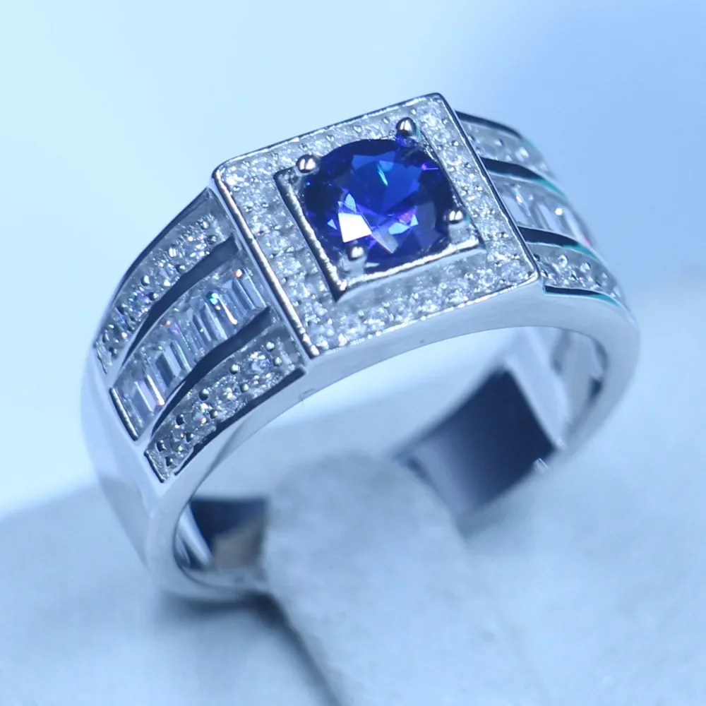 Luxury Male Lab Sapphire Diamond Ring 100% Real Sterling Silver Party Wedding Band Rings for Men Jewlery Gift