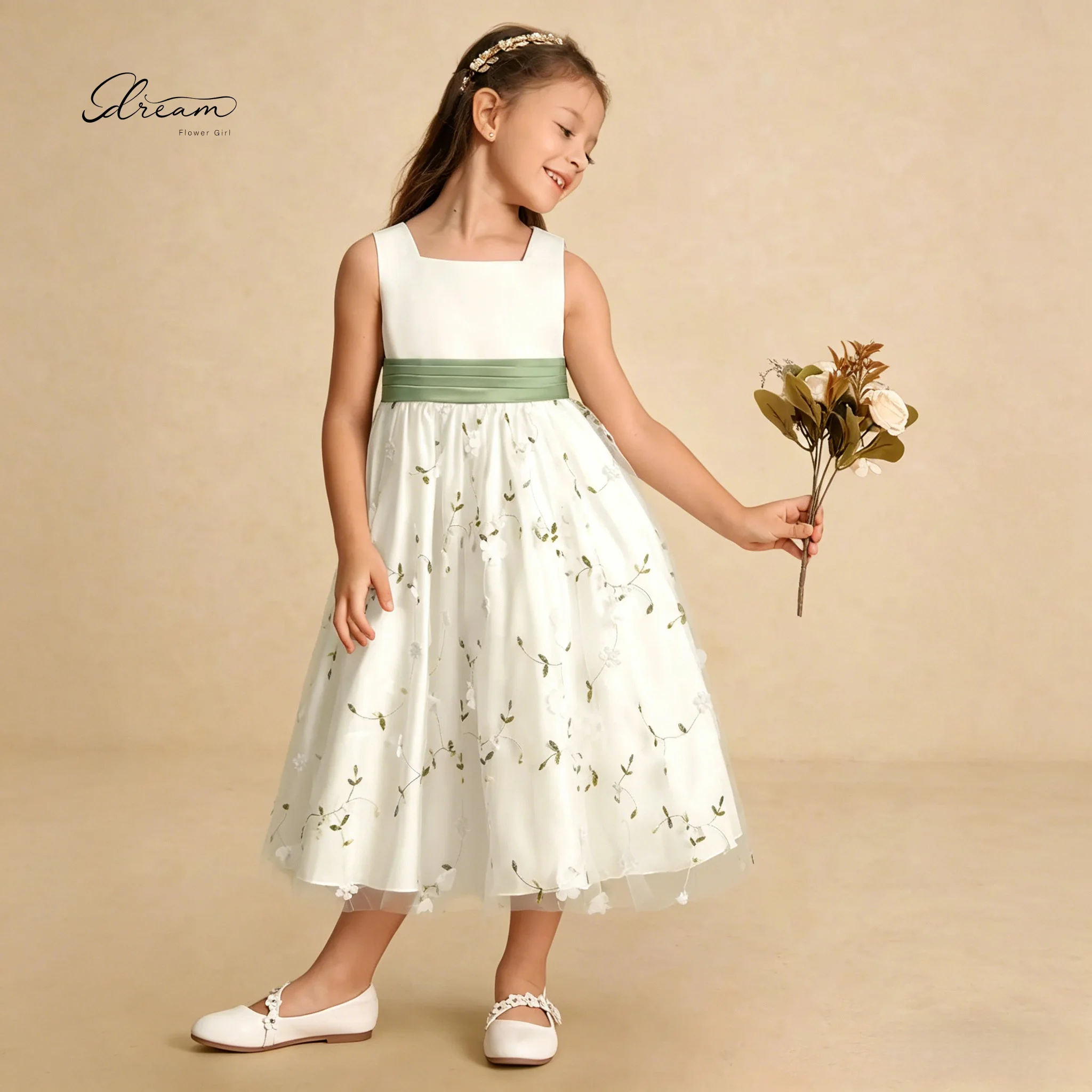 White Flower Brithday Formal Dress Girl Dress Sage Green Sash 3D Floral Embroidery Knee-Length Kids Wedding Party Gown Bow view 6