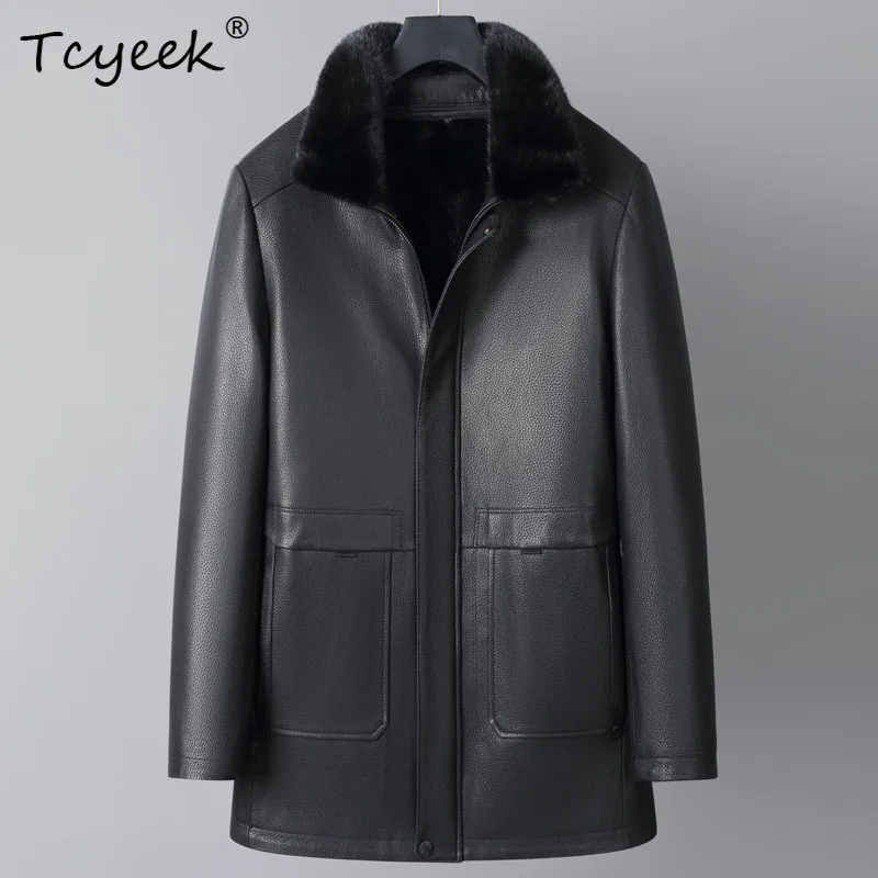 

Tcyeek куртка из натуральной козьей кожи, мужская одежда, деловая повседневная мужская куртка, пальто из натурального норкового меха, съемная подкладка, 2025 г.