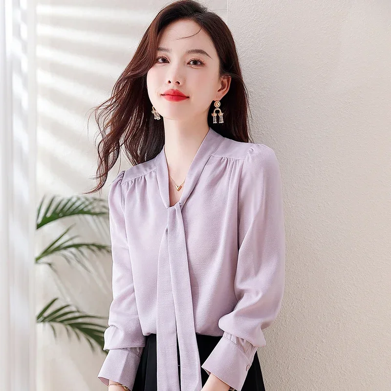 New Autumn Long Sleeve V-Neck Women Blouse Casual Lace-up White Chiffon Blouse Shirt Women Tops Blusas Mujer De Moda 2024 A576