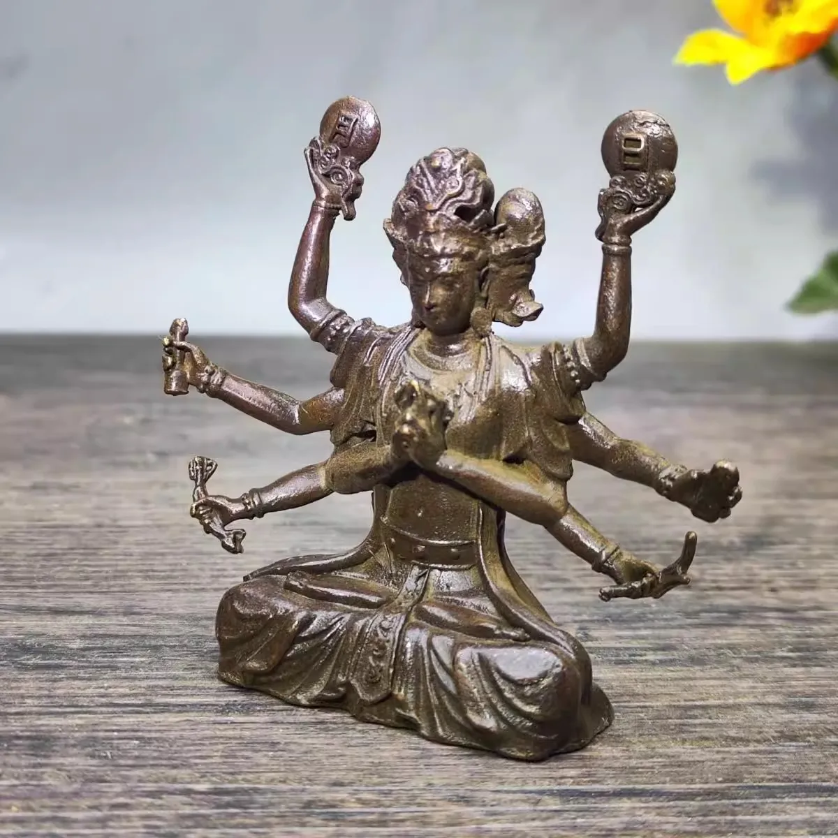 Antique Chinese Copper Buddha Statue Four Arms Bodhisattva Worship Craft Ornaments Desktop Decoration Mini Buddha #