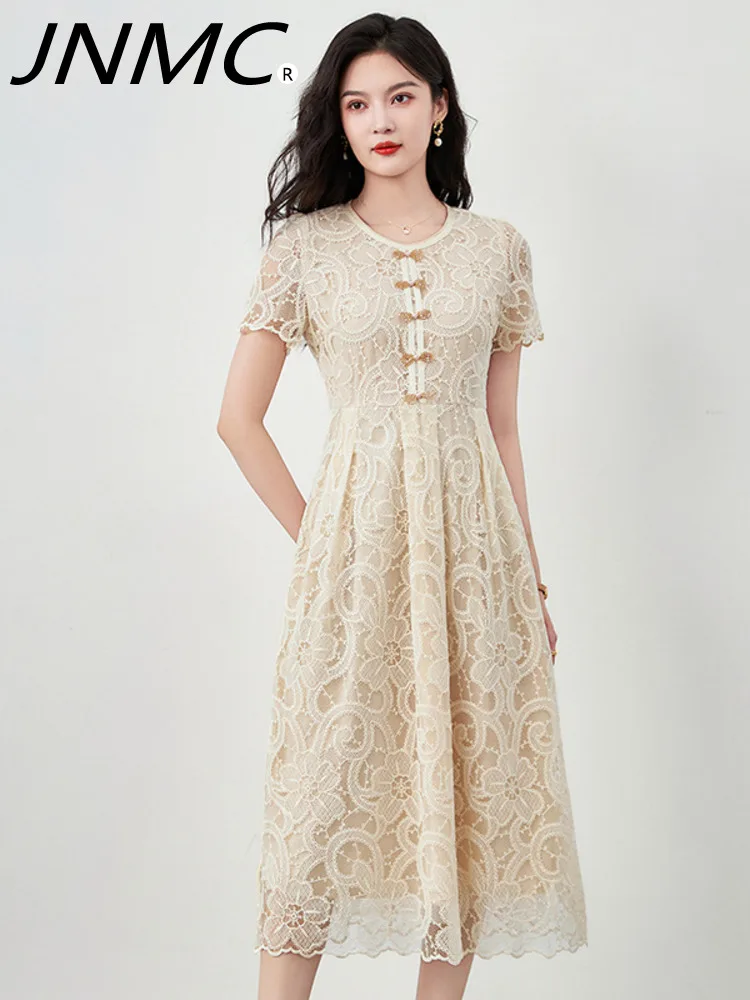 

JNMC Design And Elegance Embroidered Round Neck Beaded Lace A-line Dress For Women 2024 Spring Summer New Edition