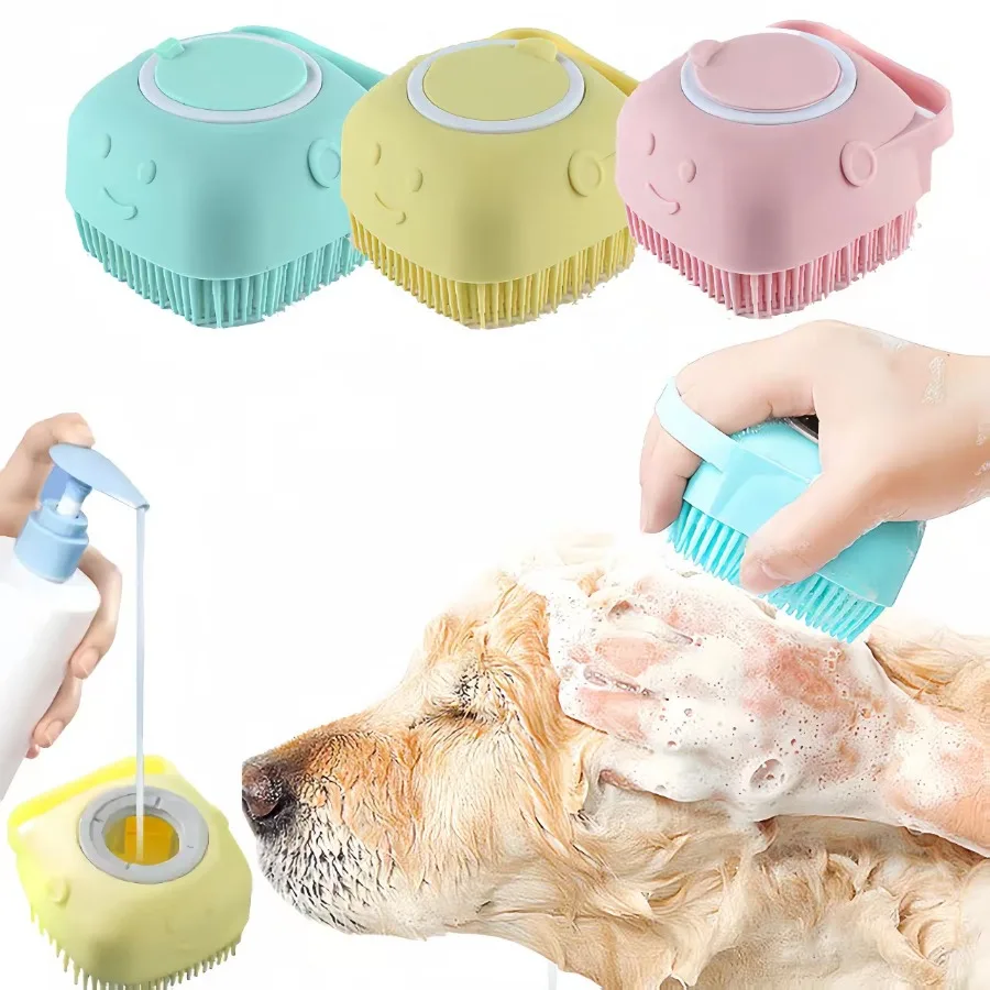 1 cepillo de baño de silicona suave para mascotas, dispensador de champú 2 en 1, masajeador para perros y gatos, suministros de aseo, color aleatorio