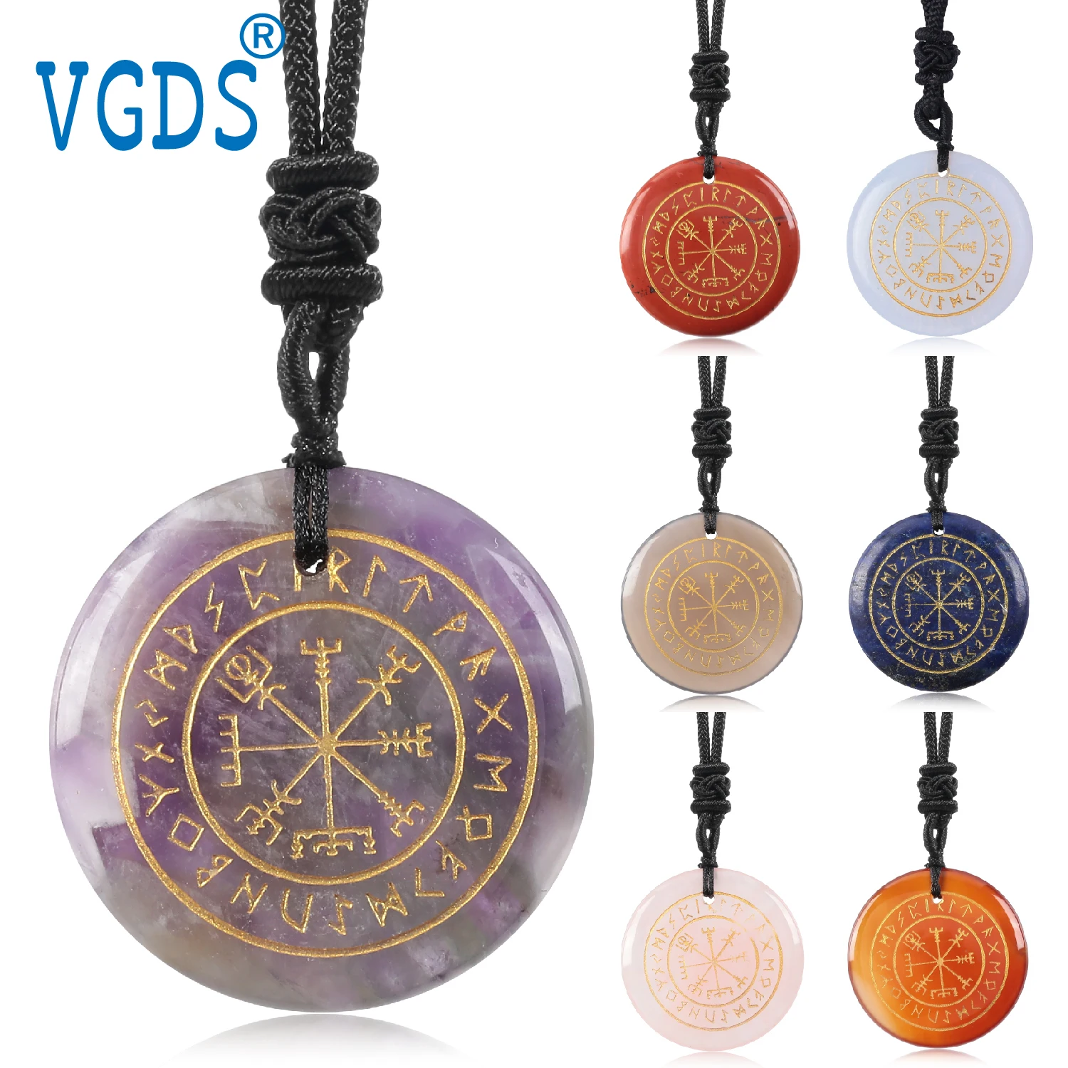 Natural Crystal Quartz Mysterious Nordic Goethe Futhark Runes Viking Compass Vegvisir Reiki Energy Pendant Necklace For Jewelry