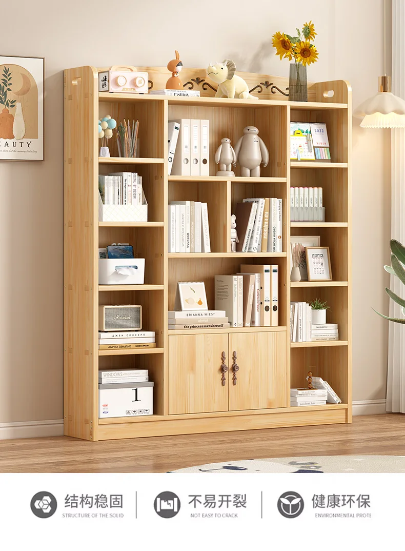 Log bookcase pine student bookcase children's multi-layer bookshelf simple all solid wood living room floor combination shelf