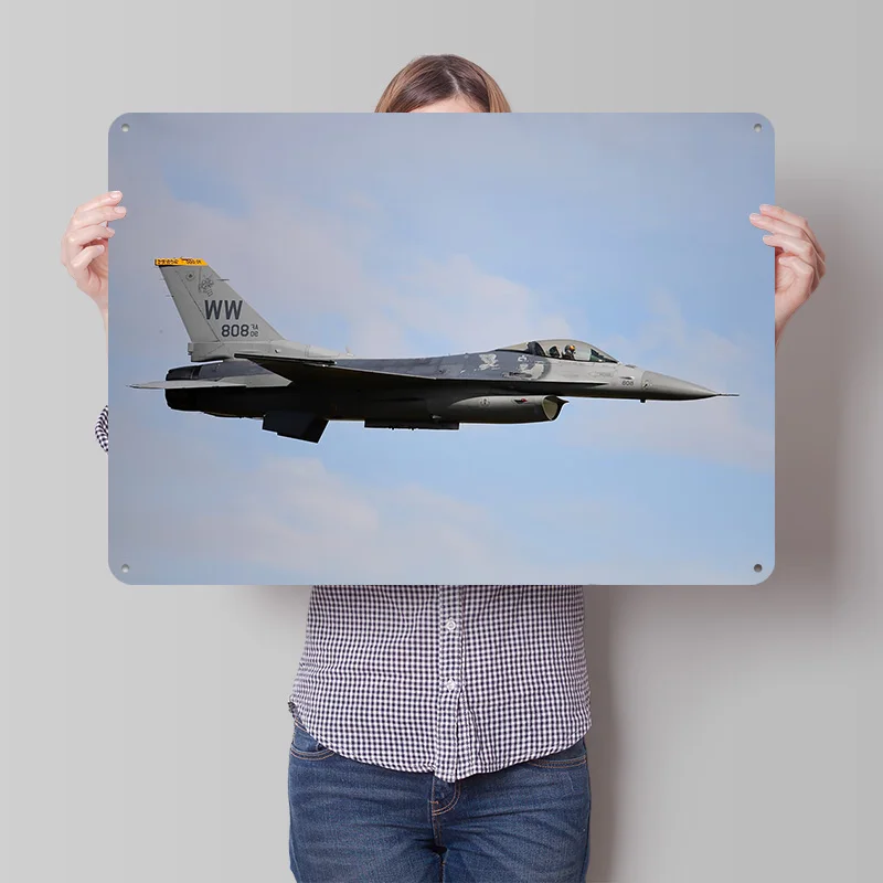F-16 Fighter Jet in Flight Metal Poster Perfect Gift for Fans Lovers Personalized Wall Art Metal Sign for Decor Living Room Home
