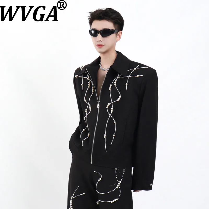 

WVGA Spring Autumn New Man Tide Pearl Heavy Design Trendy Zipper Short Jacket Niche Chic Casual Turn-Down Collar Coat Ins W13798