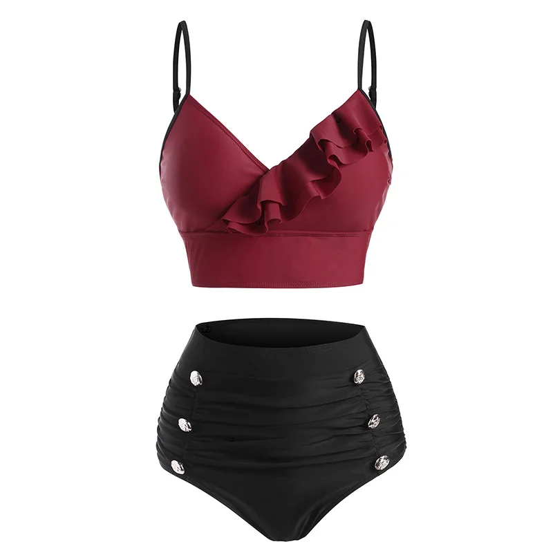 

Dressfo 2025 Tummy Control Bikini Set Swimwear Contrast Colorblock Swimsuit Mock Button Ruffle Sweet Summer Beach Bathing Suit