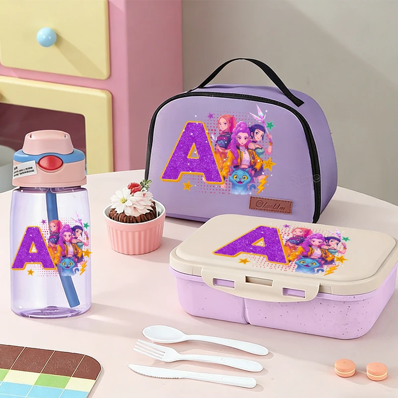 

Kpop Demon Hunters Bento Box+Lunch Bag+Water Bottle 3pcs Set RUMI ZOEY Cartoon Student School Supplies Food Container Drinkware