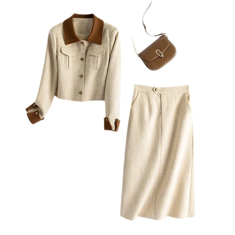 レディースカラーブロックツーピースラペルジャケット＋スカート 2025年春夏新作 小香風セット