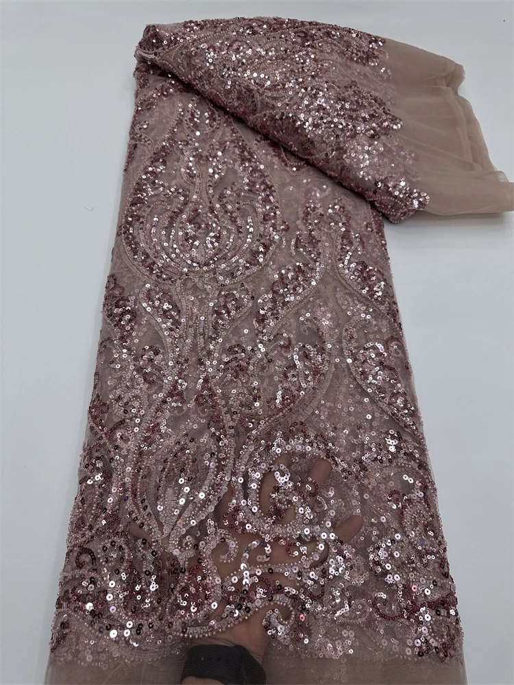 Latest African Lace Fabric, Luxury French Sequins, Mesh Lace Fabric, High-end Handmade Beaded for Wedding, 2026