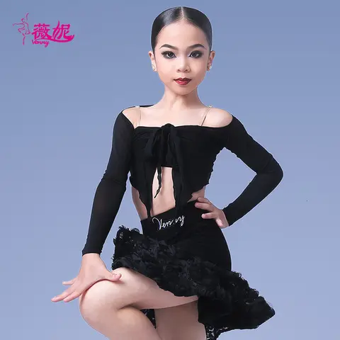 Ropa de baile latino estilo Venny, nuevo conjunto de práctica para otoño e invierno: Top sin tirantes de manga larga con lazo y falda Floral, traje de baile