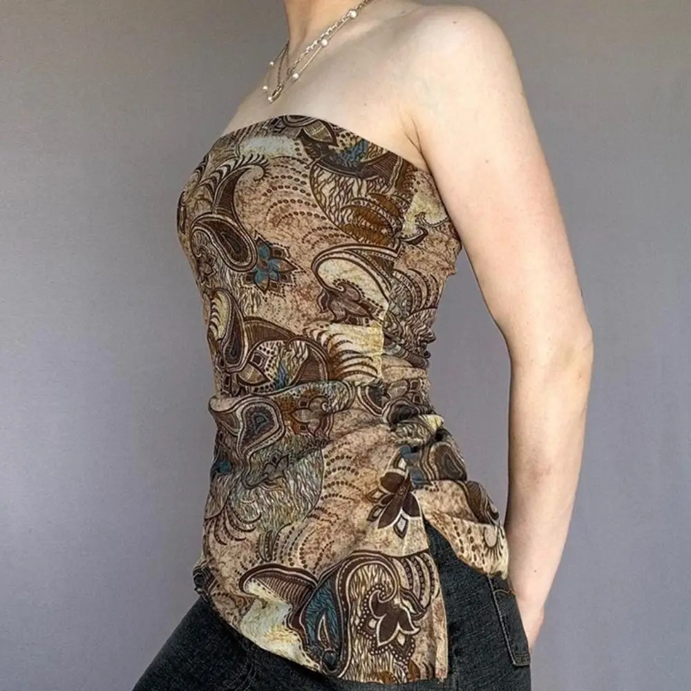 

Soft Cashew Flowers Vintage Strapless Vest Retro Slim Fit Tight Tube Tops Women Split Hem Thin Printing Camisole Daily