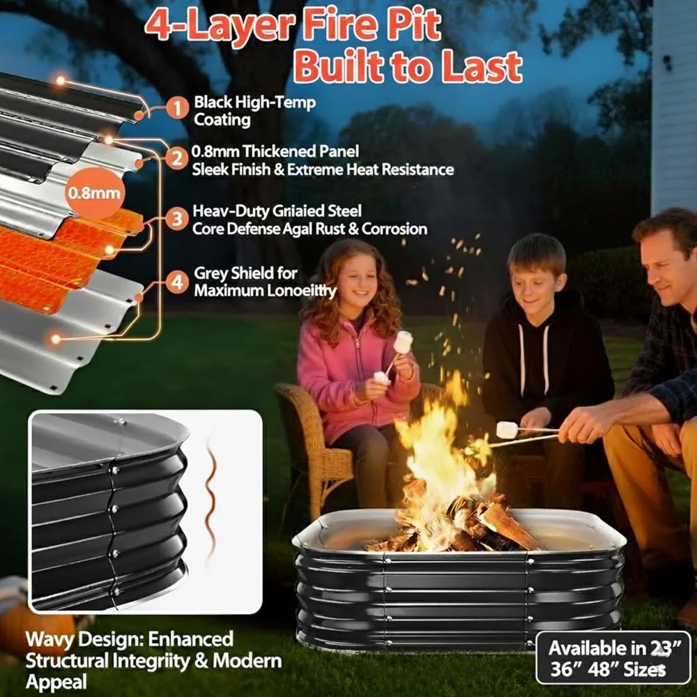 Fire Pit Ring,23in Heavy Duty Square Firepit for Outside,11'' Tall Galvanized Steel Bonfire Pits,Wood Burning Outdoor Fireplaces