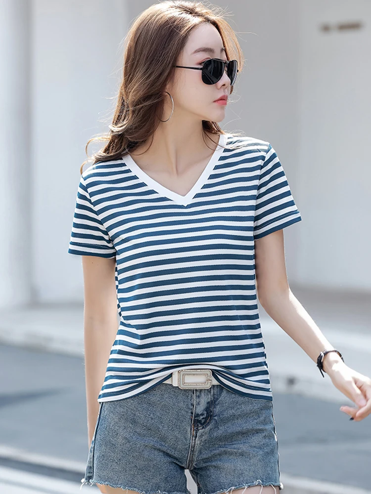 

V-Neck Striped Cotton T Shirt Women Korean Fashion Woman Clothes Short Sleeve Tee Shirt Femme 2022 Summer Top Camisetas De Mujer