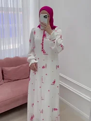 Eid Muslim Party Dress for Women Sweet Print Long Dresses Button Ramadan Morocco Vestidos Largos Dubai Turkey Robe Jalabiya 2024