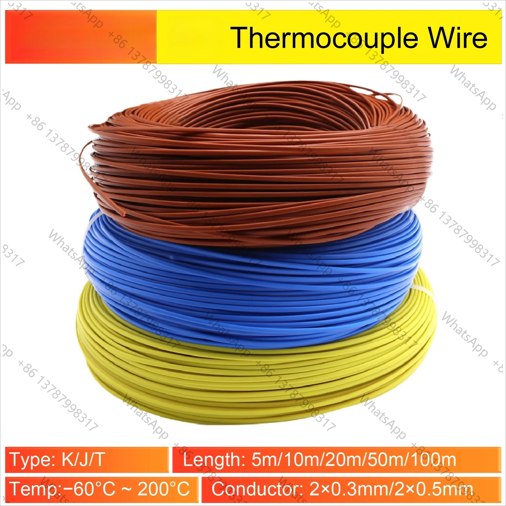 Type Thermocouple Compensation Wire 2-Core PTFE Insulated 2×0.3mm 2×0.5mm High Temp for Probes