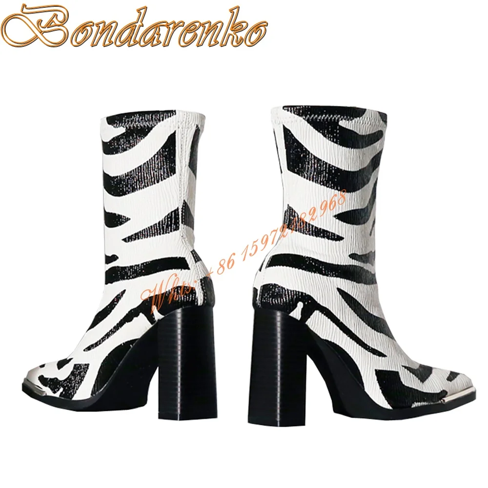 Zebra Square Toe Ankle Boots Chunky High Heels Slip On Women Shoes Designer Leather Short Boots Spring Autumn Banquet New Boots