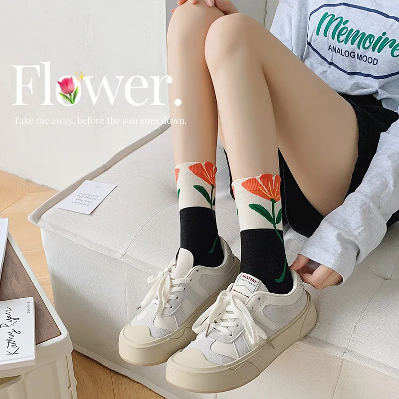 Calcetines de algodón tridimensionales para mujer, medias con flores, tulipán, blanco, rosa, Color sólido, informal, primavera y verano, 2 pares