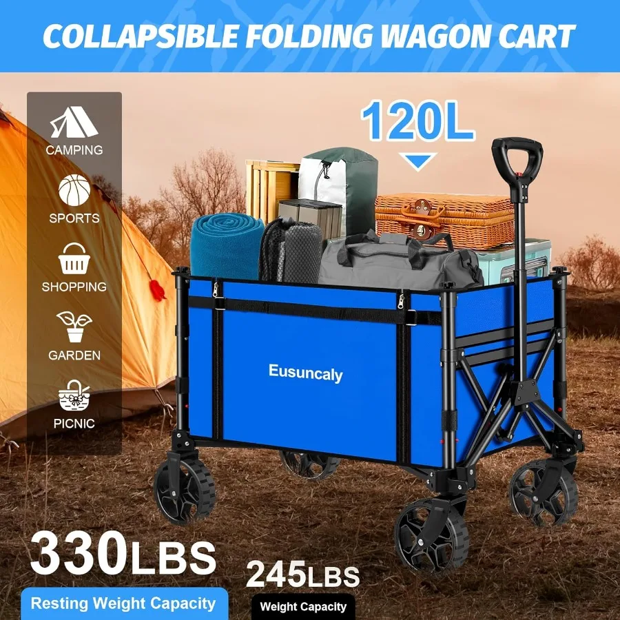 Collapsible Wagon with Wheels Wagons Carts Foldable Outdoor Utility Wagon for Grocery Camping Shopping Sports Garden Fishing Bl