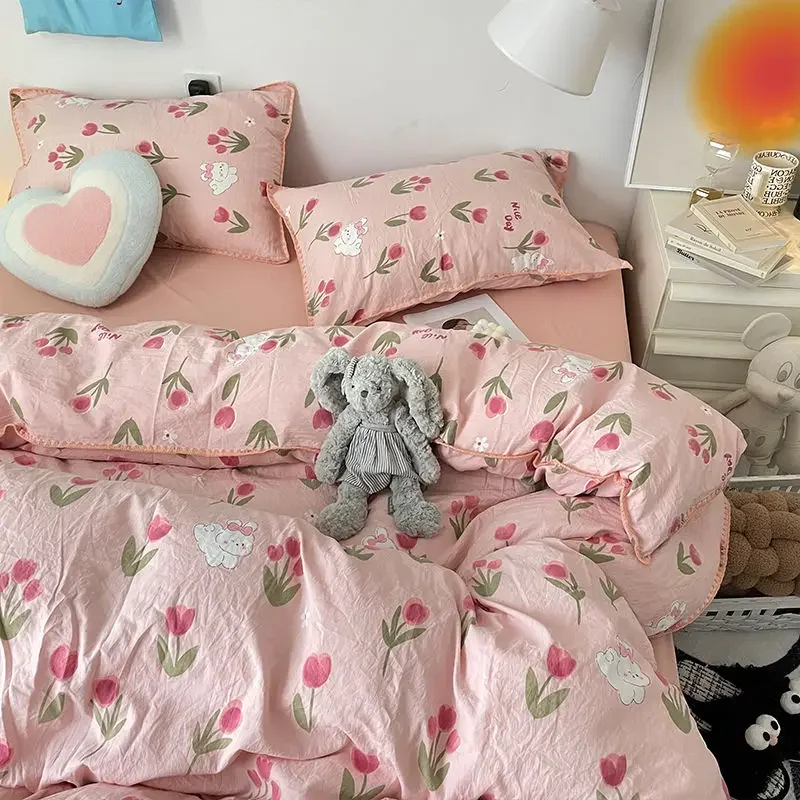 Tulip Rabbit Double-layer Bed Set Of Four Pieces Bedding Set Flora INS Girls 2024 New  Washing Cotton Bed Sheets Duvet Cover Set