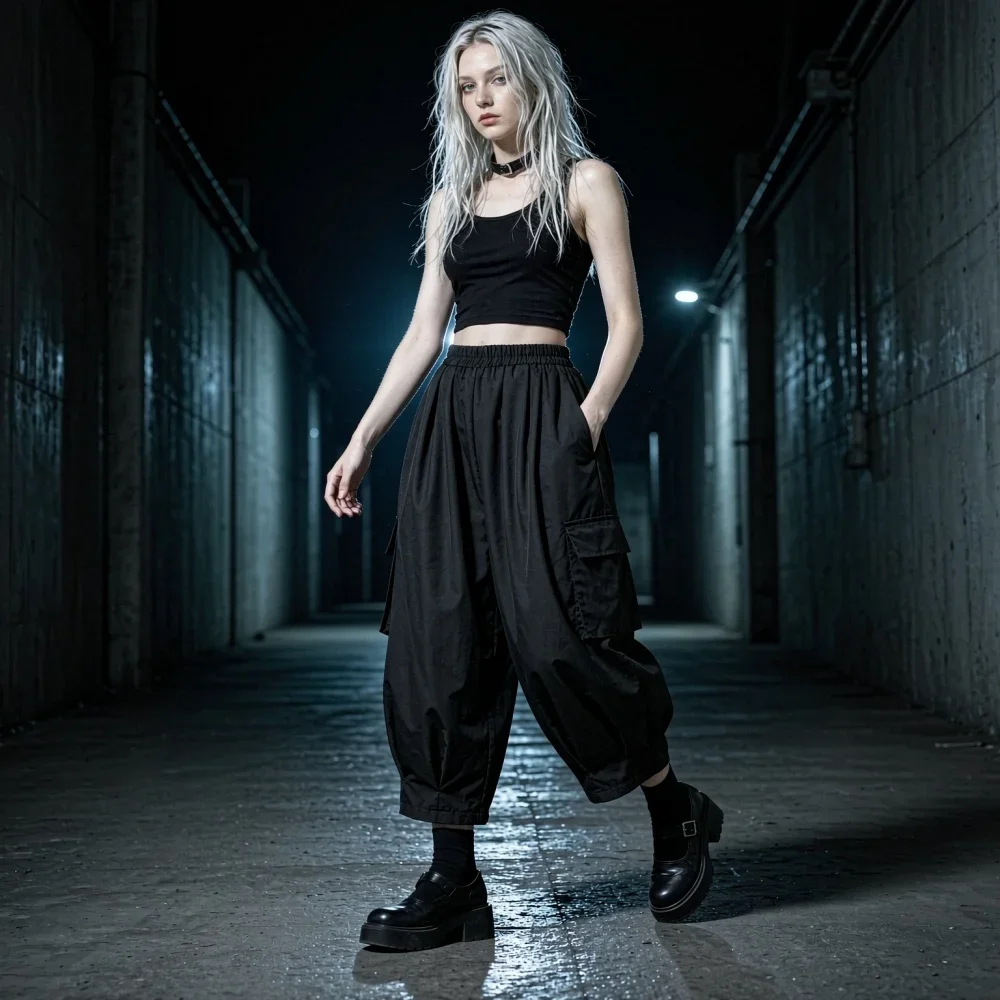 Black Vintage Oversized Cargo Pants for New Women High Elastic Waist Loose Casual Multi Pocket Streetwear Trousers