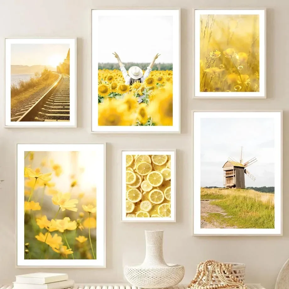 Farmhouse Yellow Flowers Scape Posters Spring Sunflower Lemon Windmill Wall Art Canvas Interior Home Decor
