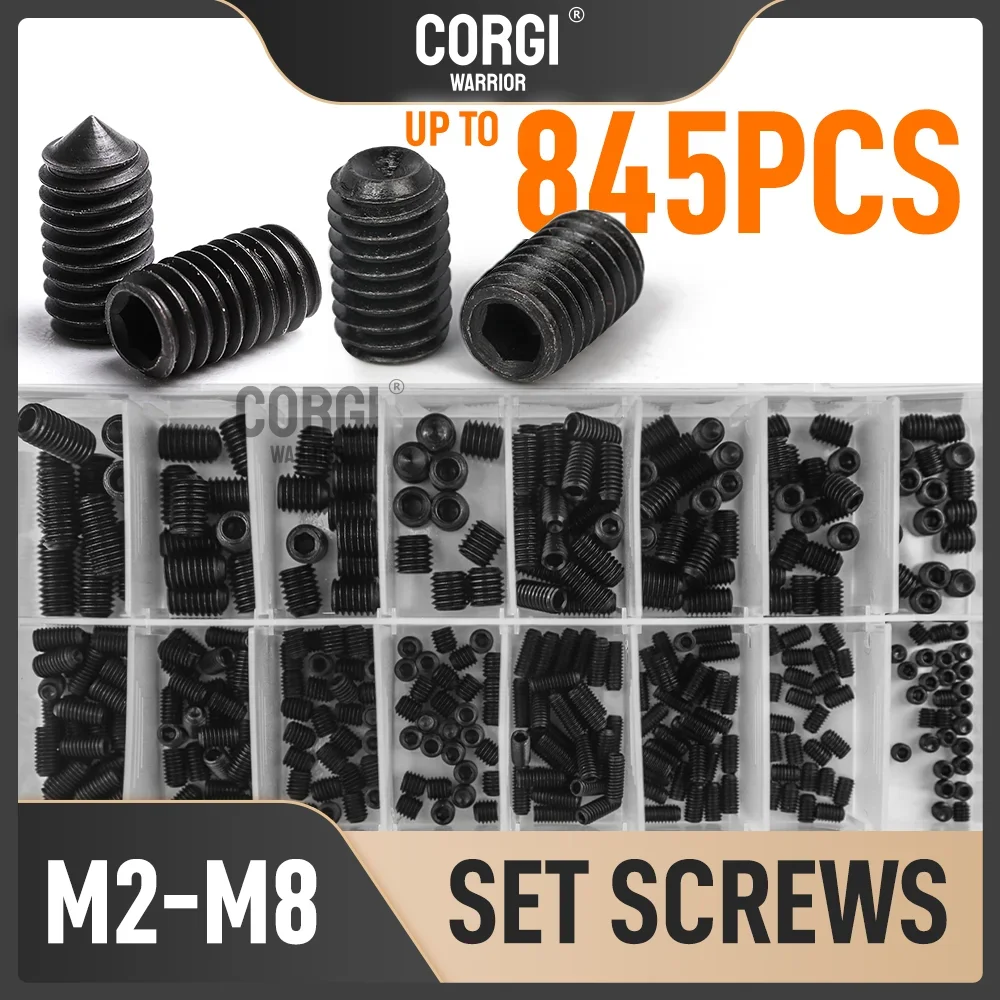 Grub Cup-Point Set Schroeven Assortiment Kit Tot 845 M2 M2.5 M3 M4 M5 M6 M8 Kegelpunt Zwart 12,9 klasse gelegeerd staal met sleutels