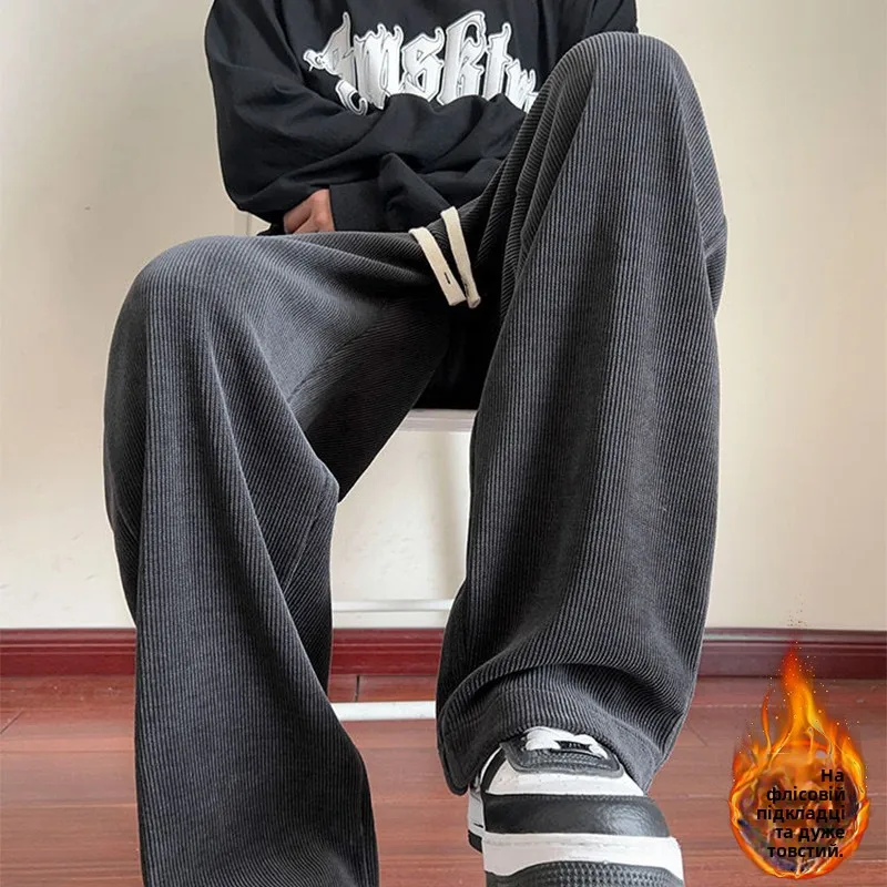 American Hong Kong Sle Casual Pants Men's Autumn Winter Loose Straight Leg Trousers Wide Leg Sports Long Trousers