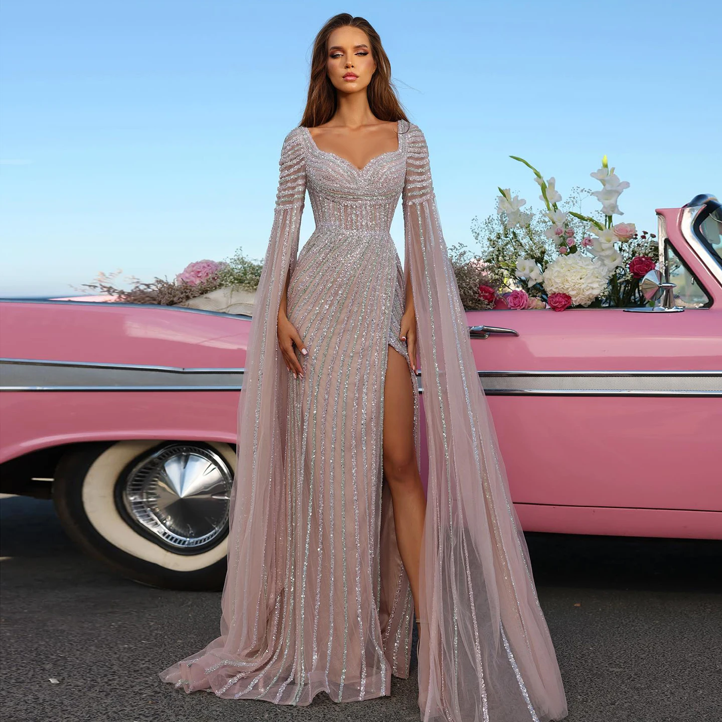 

Sharon Said Luxury Dubai Beaded Pink Mermaid Evening Dresses Cape Sleeves Side Slit Arabic Wedding Party Gowns SS083 Customized
