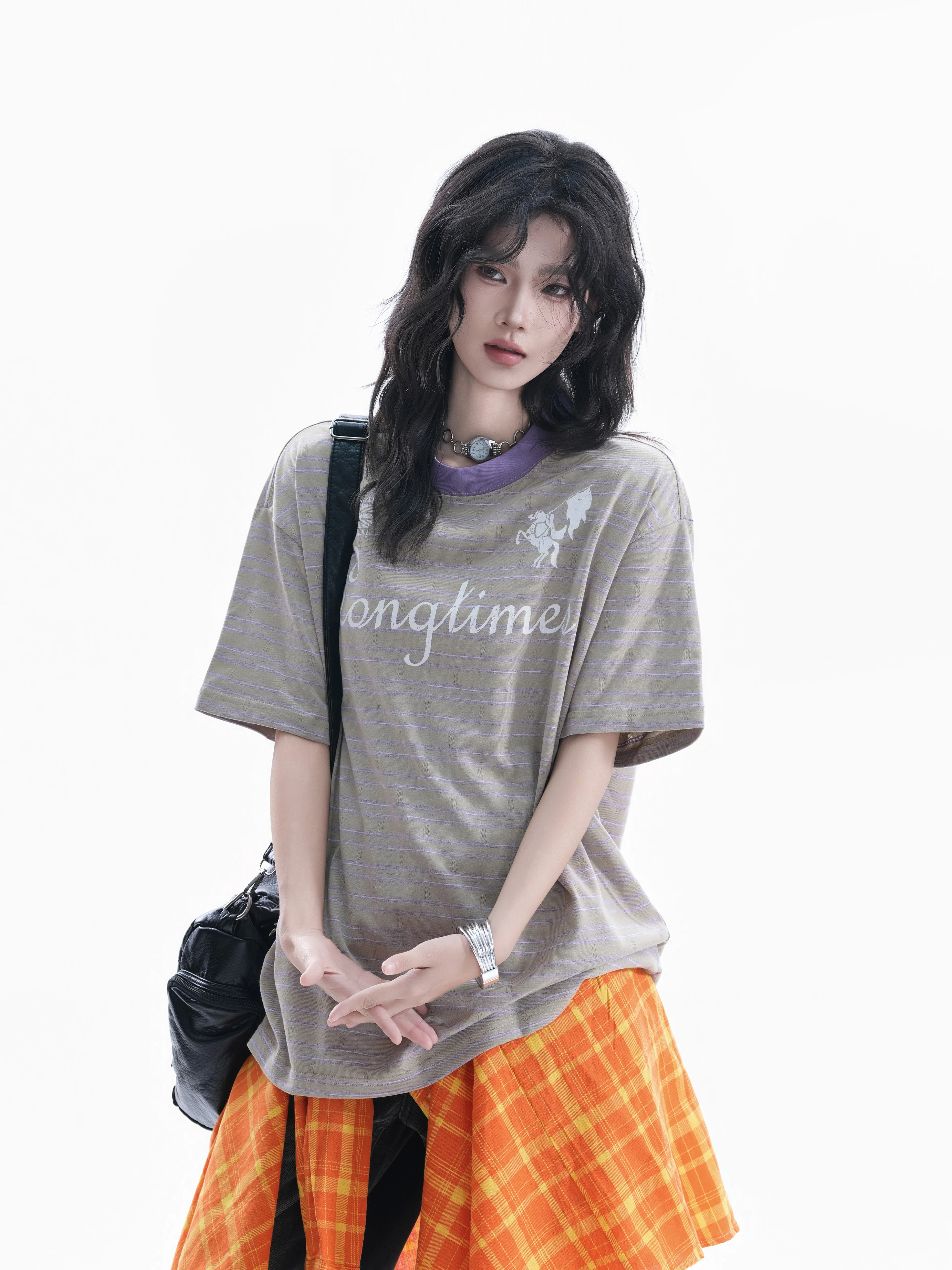 

Retro American Striped Short Sleeve T-Shirt Women's Letter Print Loose Contrast Color Casual Couple Tops Cotton round Neck