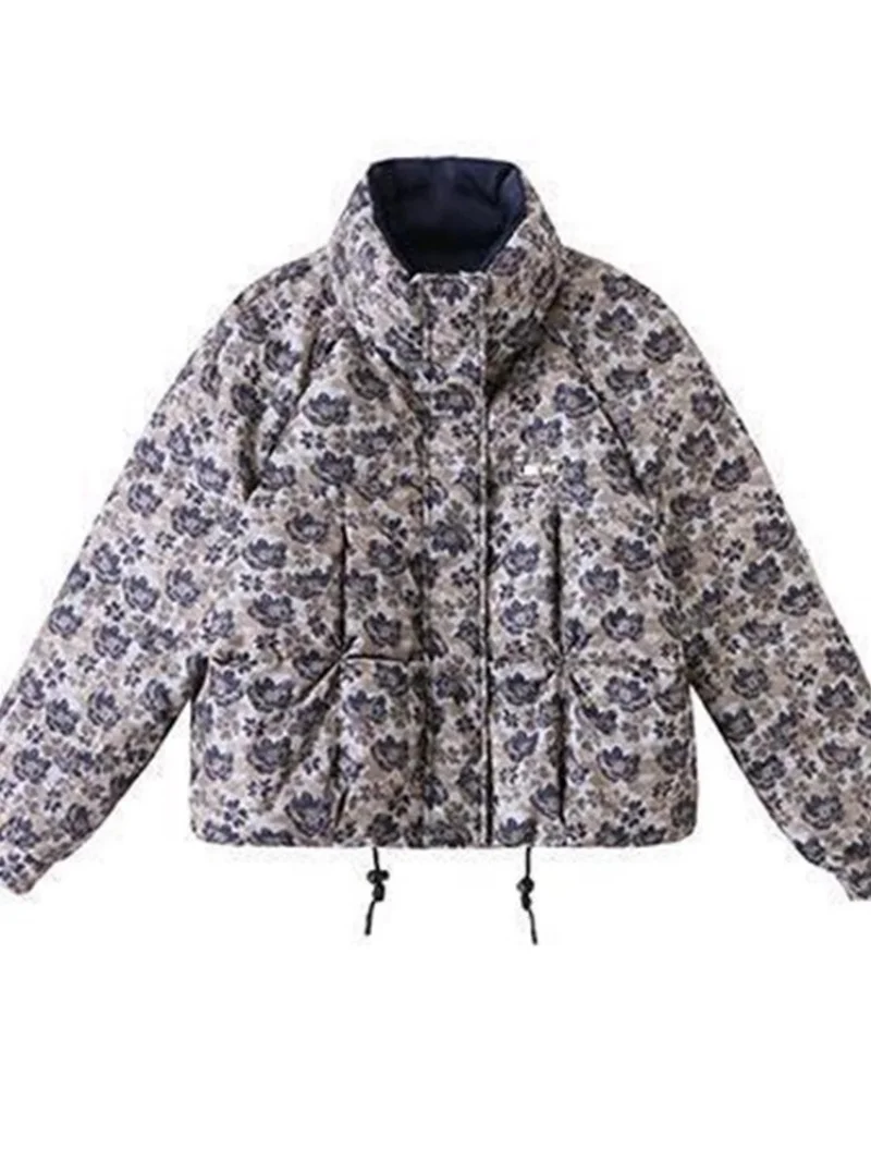 Giacca da pane stampata da donna invernale stile corto colletto rialzato cappotto in cotone versatile allentato casual Parka coreano W781 ﻿