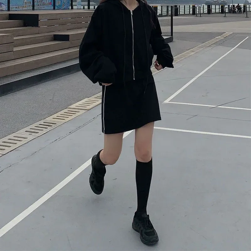 Lucyever Casual Hooded Sweatshirt Women Black Gray Y2K Zip Up Cropped Hoodies Female Harajuku Long Sleeve Loose Sports Jacket