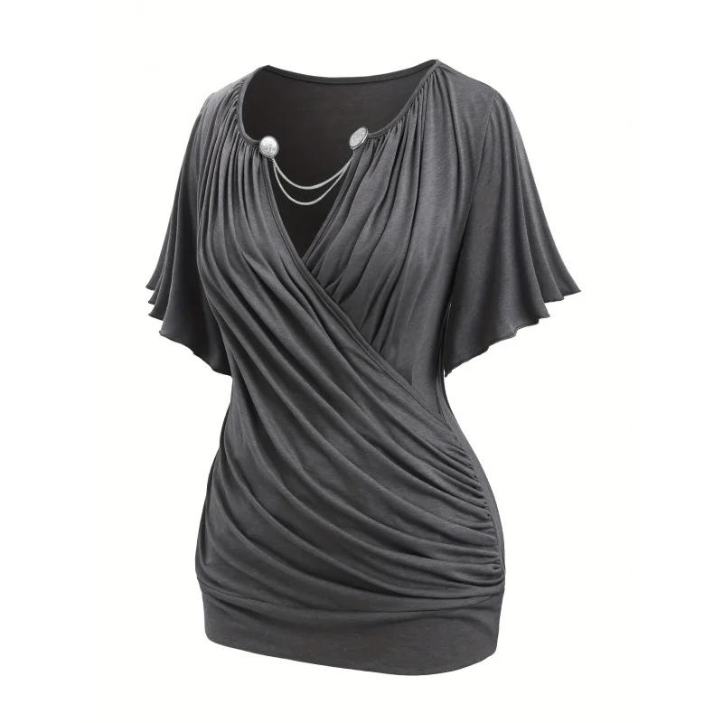 Women's Ruched-Shirt with Metal Chain Accents - Summer Casual Stretch Top, Washable Elegant Solid Color