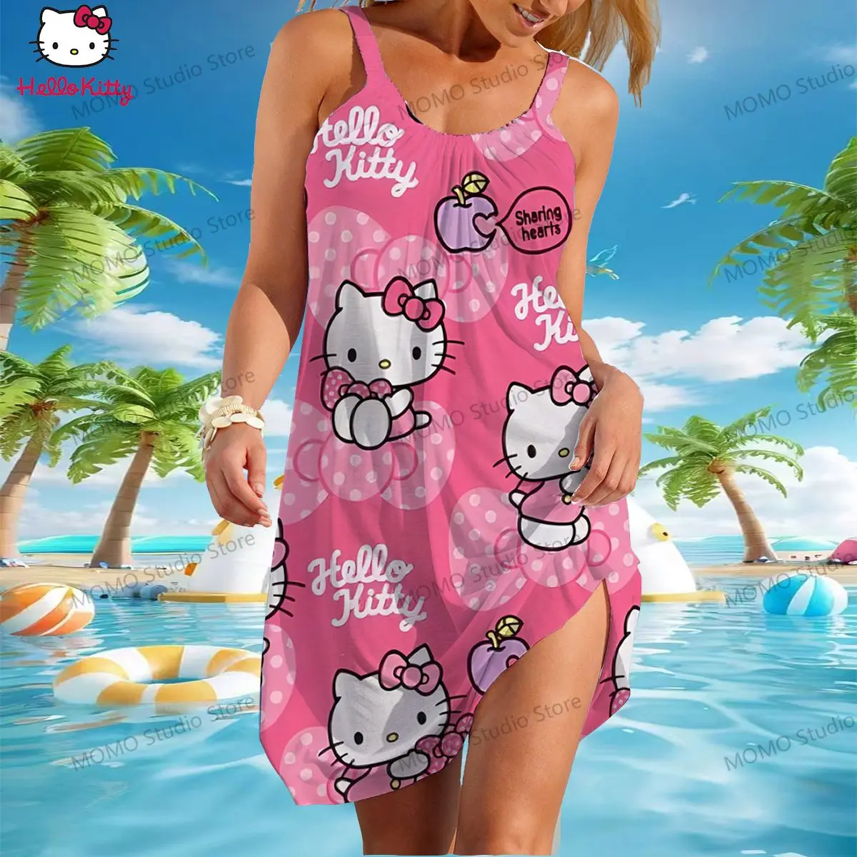 Vestidos de praia casual Hello Kitty para mulheres, Kawaii Y2k, verão, Boho Sling, Sanrio, novo, elegante jovem, sexy, S to 3XL, 2024