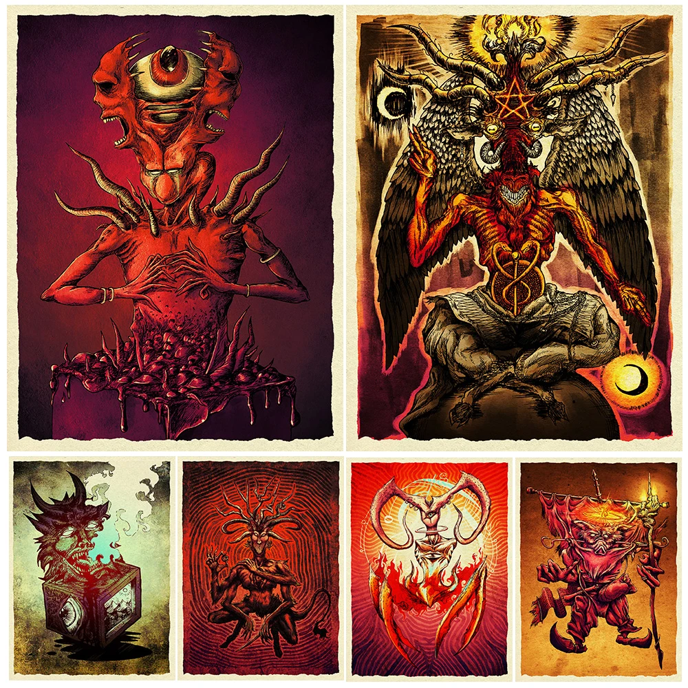 Pandora Box,Baphomet,The Red Devil,Abstract Wall Art Canvas Painting,Horror Evil Lord Gothic Art Poster And Print Home Decor