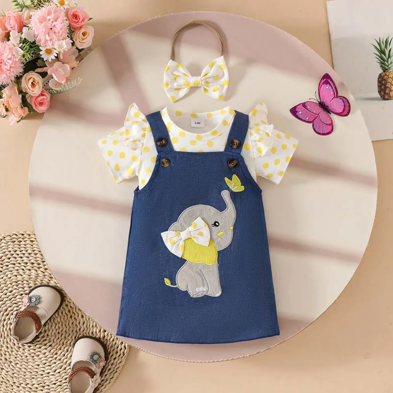Baby Girl Clothing 0-18 Months 3 Piece Summer Polka Dot Short Sleeve Bodysuit+Cartoon Elephant Pattern Halter Dress+Hairband