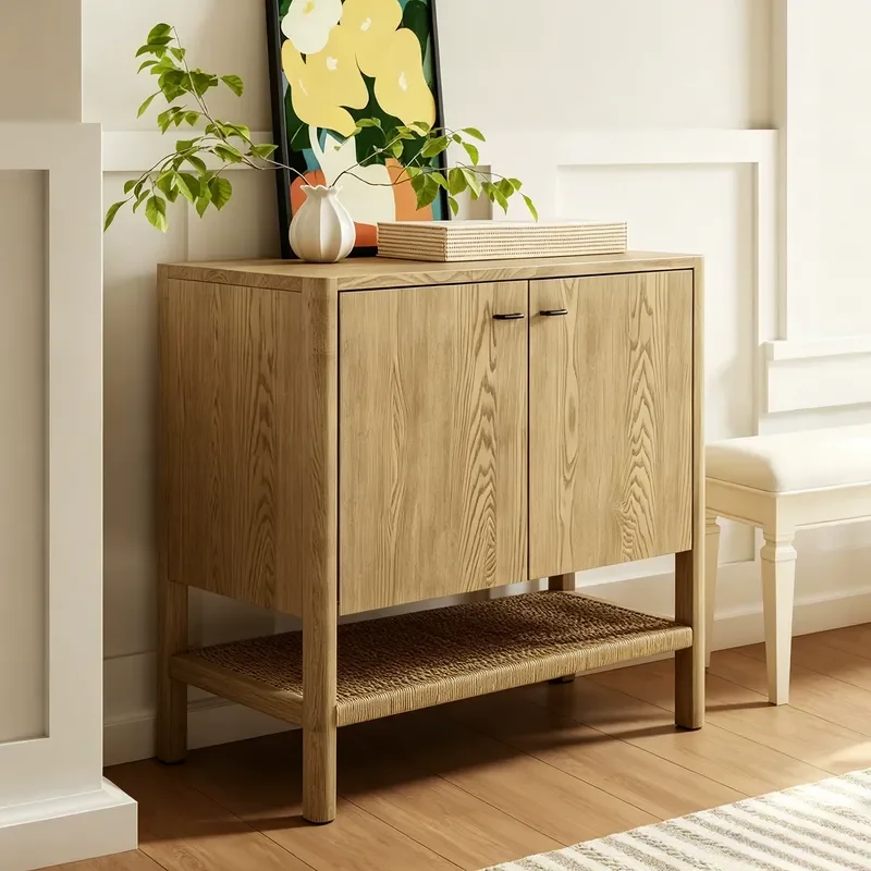 American Retro Solid Wood Dining Side Cabinet Double Door Rattan Bottom Storage Locker for Entrance Porch Living Room