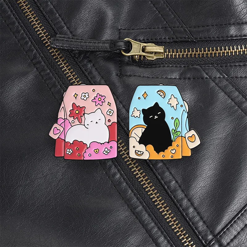 Black Cat Relaxing In Blue Tea Bag Enamel Pin, Cute Fruit Tea Brooch With Slices For Cat Lovers And Casual Style