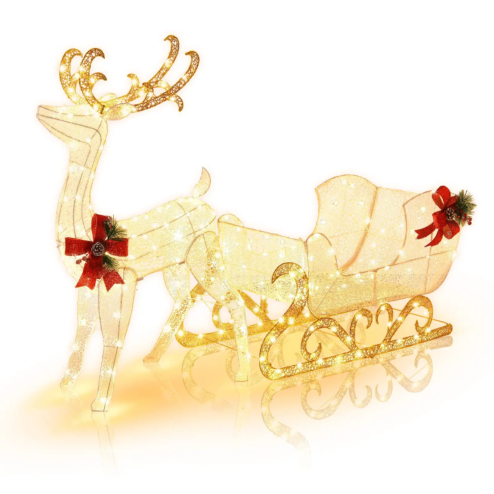6 FT Christmas Lighted Reindeer & Santa’s Sleigh, Xmas Lighted Outdoor Yard Decoration W/ 215 LED Lights & 4 Ground